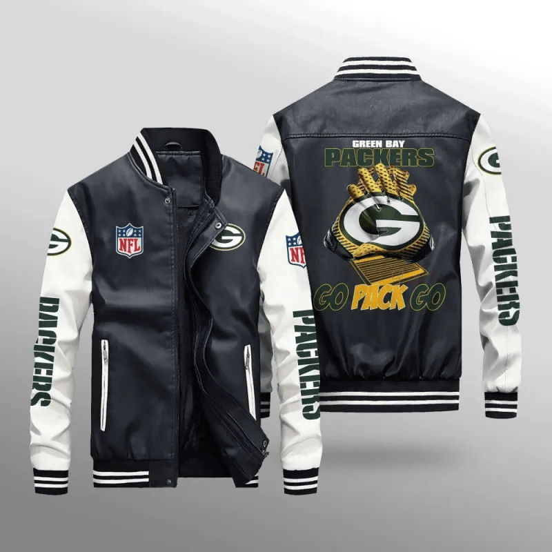 Green Bay Packers NFL Team Personalized Name Back Logo Baseball Mitt Pattern Leather Bomber Jacket