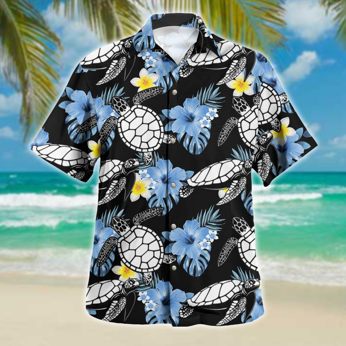 Turtle Hawaiian Shirt Blue Hibiscus Silhouette