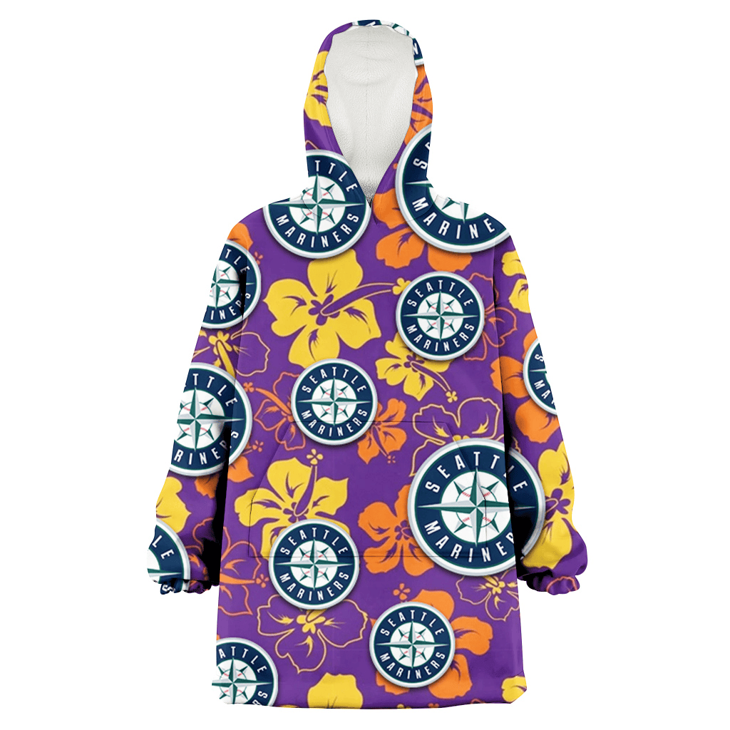 Seattle Mariners Yellow And Orange Hibiscus Purple Background 3D Printed Hoodie Blanket Snug Hoodie