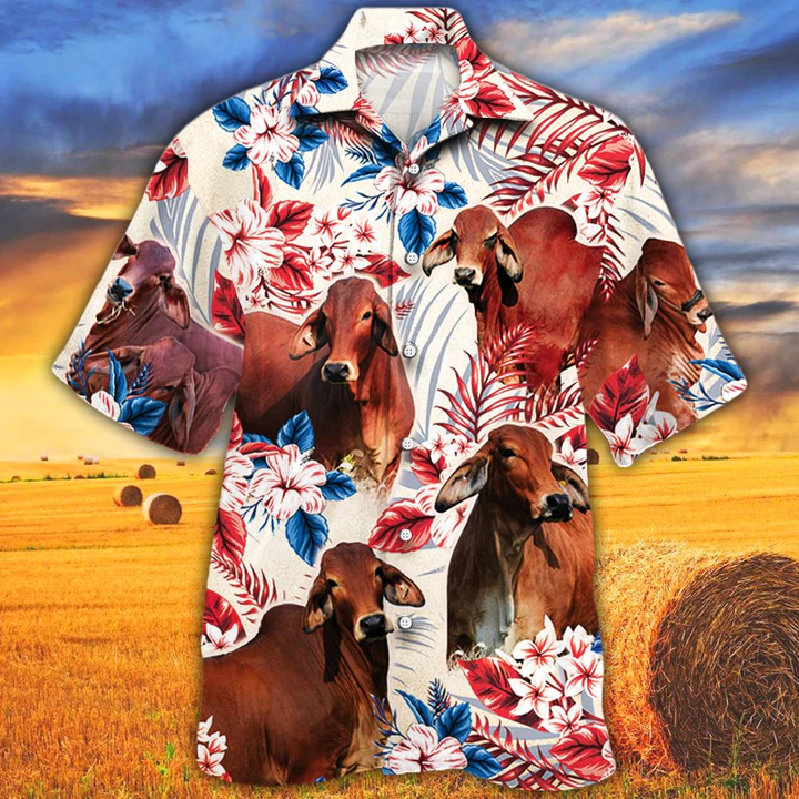 Red Brahman Cattle Lovers American Flag Hawaiian Shirt, Cow Hawaiian Shirt Vintage Flower, Hawaiian Shirt Men, Hawaiian Shirt Women