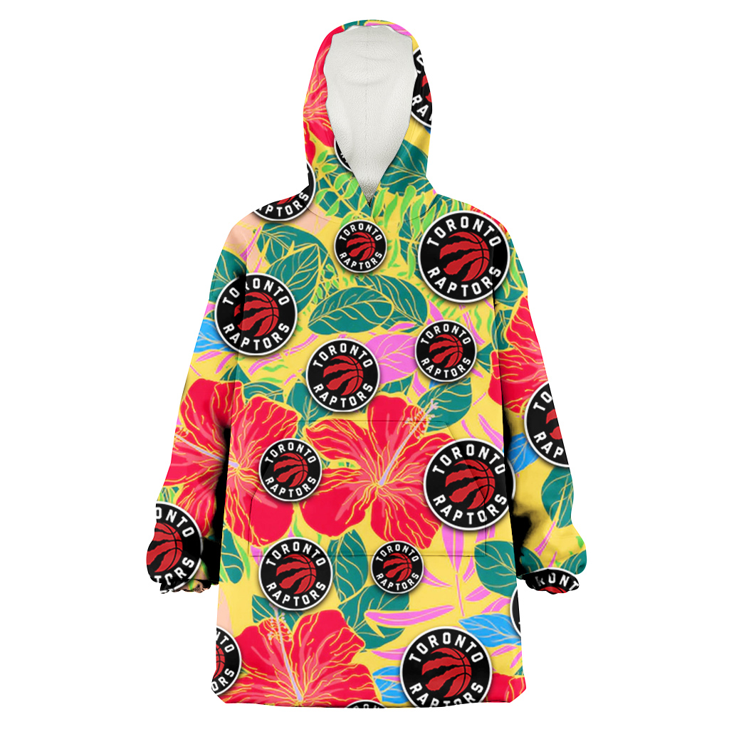 Toronto Raptors Red Hibiscus Green Blue Leaf Yellow Background 3D Printed Hoodie Blanket Snug Hoodie