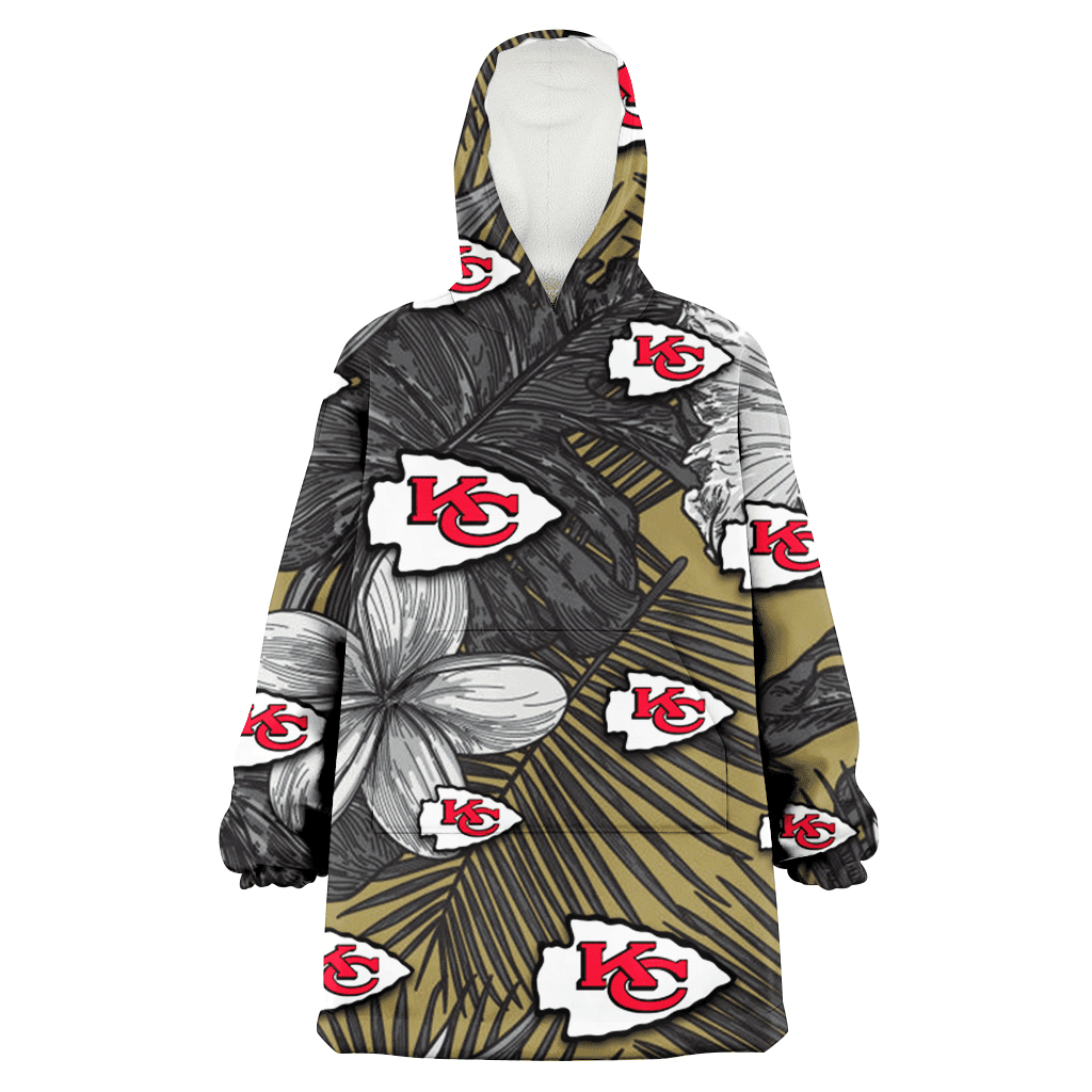 Kansas City Chiefs Gray Sketch Hibiscus Yellow Palm Leaf Black Background 3D Printed Hoodie Blanket Snug Hoodie
