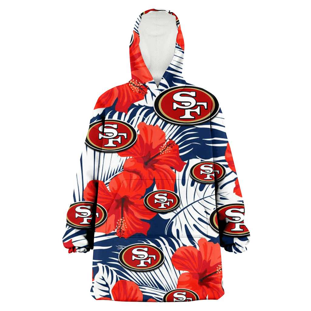 San Francisco 49ers White Tropical Leaf Red Hibiscus Navy Background 3D Printed Hoodie Blanket Snug Hoodie