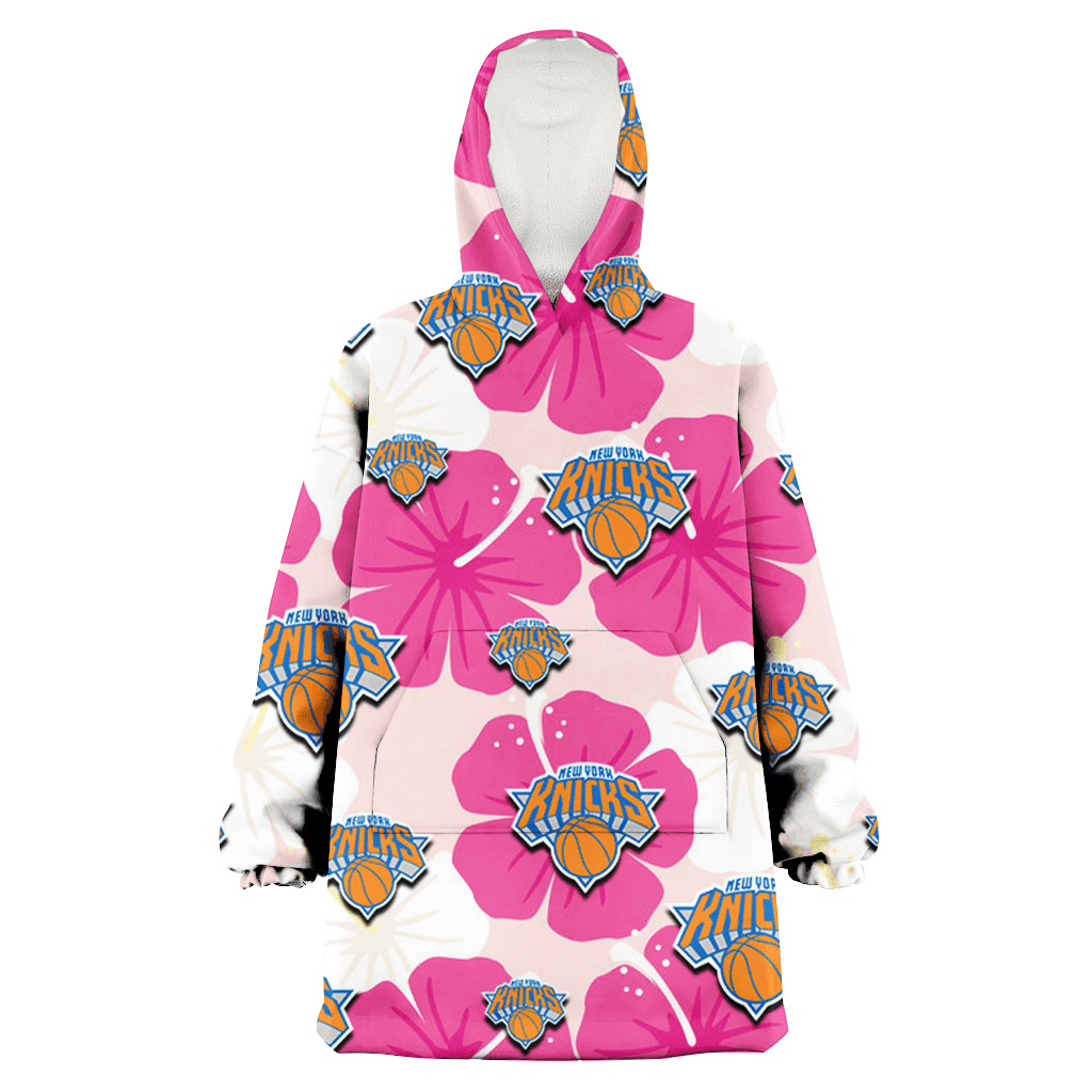 New York Knicks Pink White Hibiscus Misty Rose Background 3D Printed Hoodie Blanket Snug Hoodie