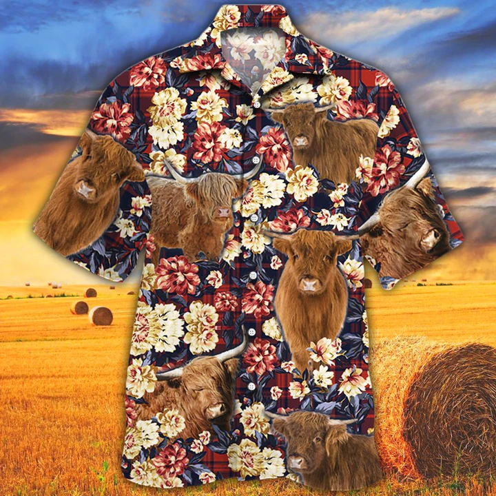 Cow Hawaiian Shirt For Men, Highland Cattle Red Plaid Pattern Hawaiian Shirt, Summer Hawaiian Shirt, Animal Shirt