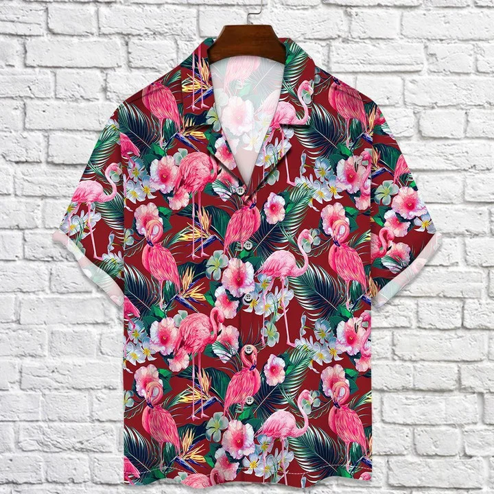 Flamingo Rain Forest Jungle Red Palm Leaves Pattern Hawaiian Shirt