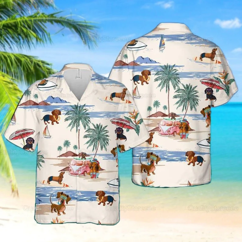 Dachshund Beach Summer Hawaiian Shirt, Dachshund Button Shirt, Dachshund Beach Shirt