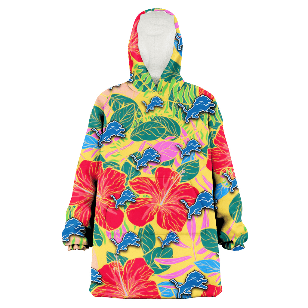 Detroit Lions Red Hibiscus Green Blue Leaf Yellow Background 3D Printed Hoodie Blanket Snug Hoodie