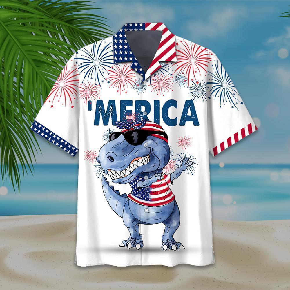 4Th Of July Dabbing T-Rex Independence Day Hawaiian Shirt Beachwear For Men