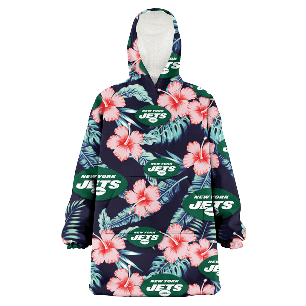 New York Jets Coral Hibiscus Green Banana Leaf Black Background 3D Printed Hoodie Blanket Snug Hoodie