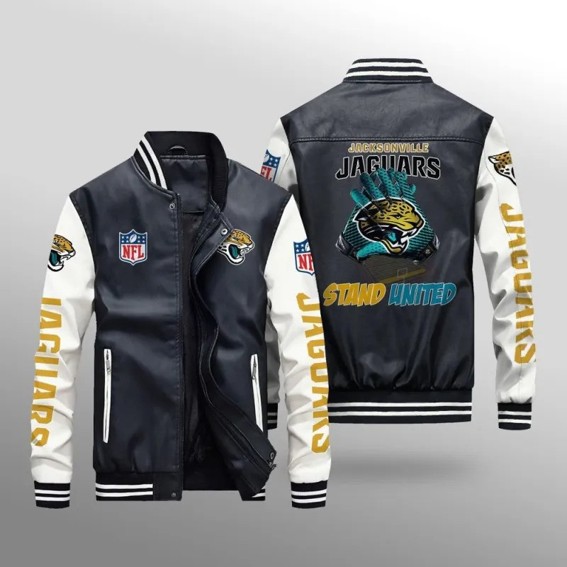 Jacksonville Jaguars NFL Team Personalized Name Back Logo Baseball Mitt Pattern Leather Bomber Jacket