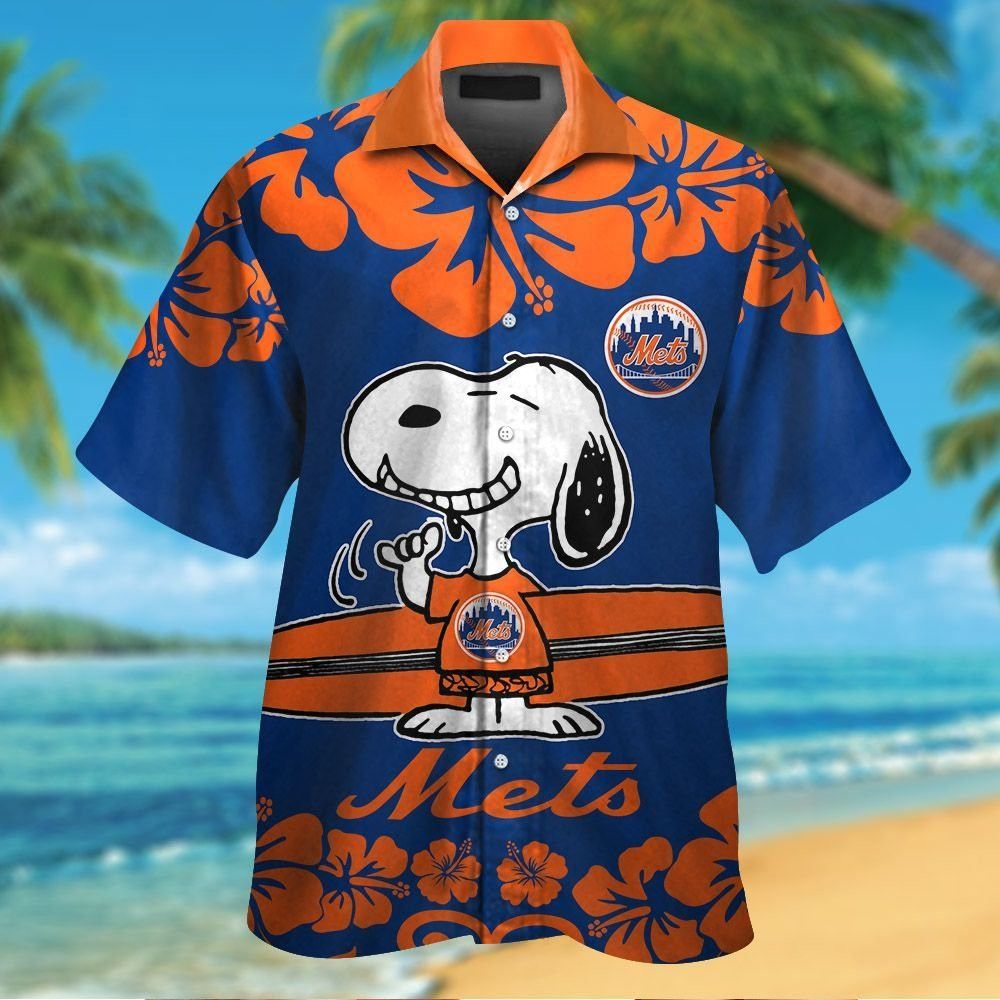 New York Mets Snoopy Short Sleeve Button Up Tropical Hawaiian Shirt