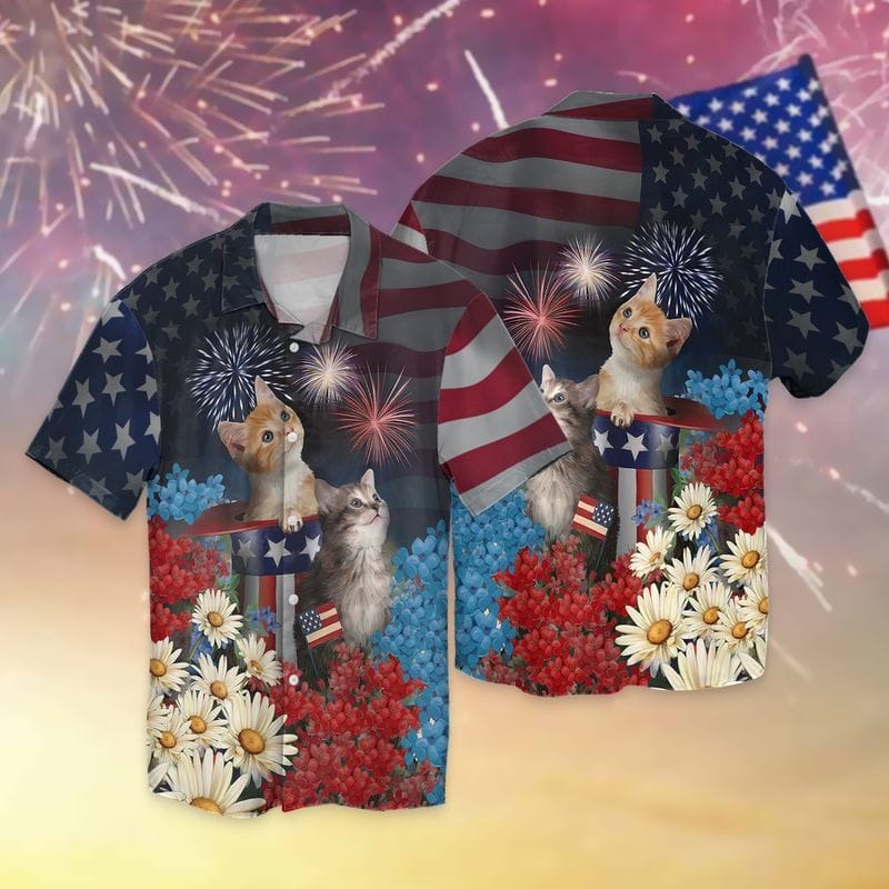 Cat Hawaiian Shirt, 4Th Of July Cat Aloha Beach Shirts, Cat Independence Day Hawaiian Shirts