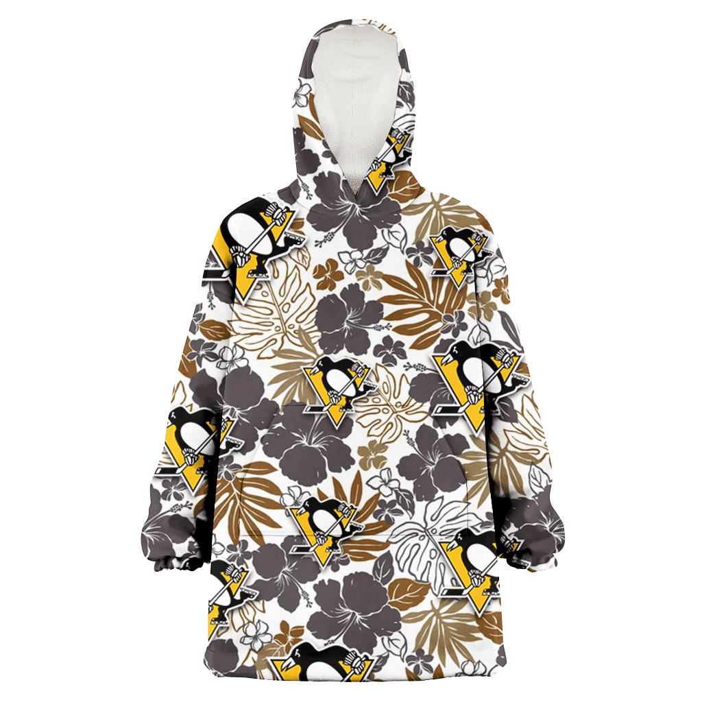 Pittsburgh Penguins Dark Brown Hibiscus Brown Leaves White Background 3D Printed Hoodie Blanket Snug Hoodie