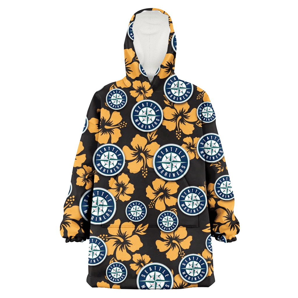 Seattle Mariners Tiny Yellow Hibiscus Black Background 3D Printed Hoodie Blanket Snug Hoodie