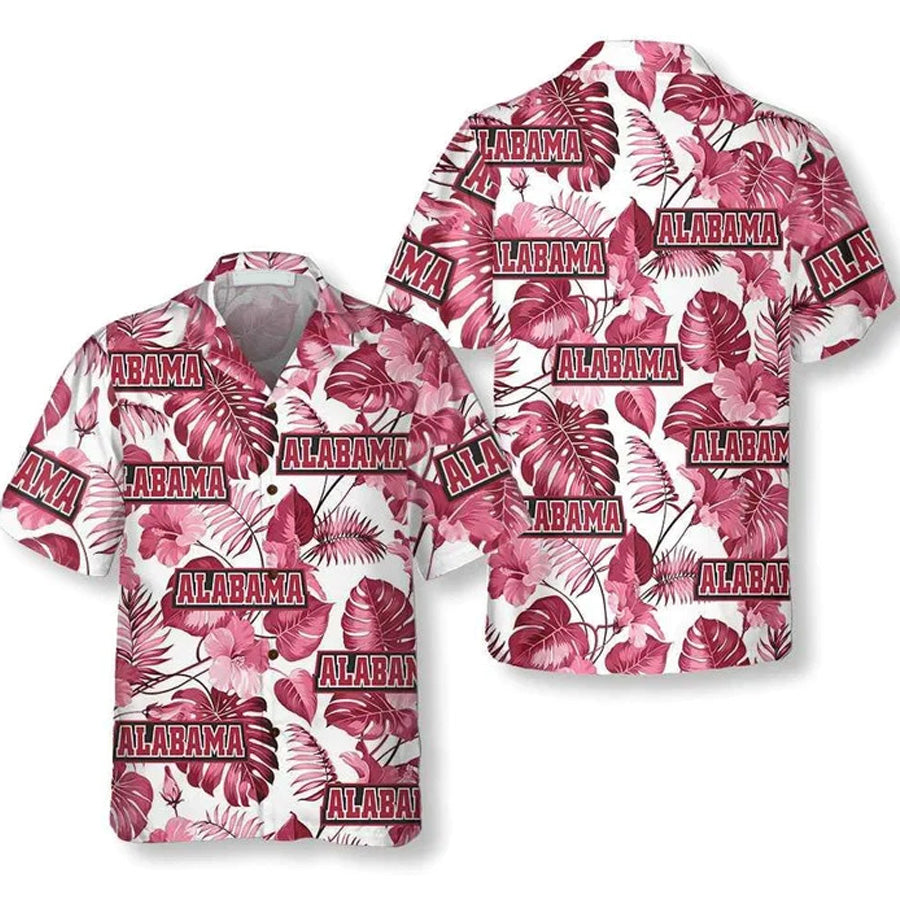 Alabama Usa Pink Tropical Leaf Pattern Hawaiian Shirt