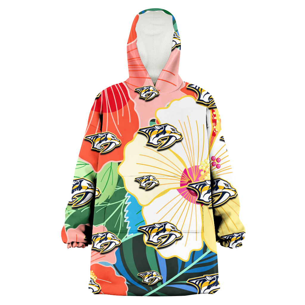 Nashville Predators Orange White Tropical Hibiscus Green Leaf 3D Printed Hoodie Blanket Snug Hoodie