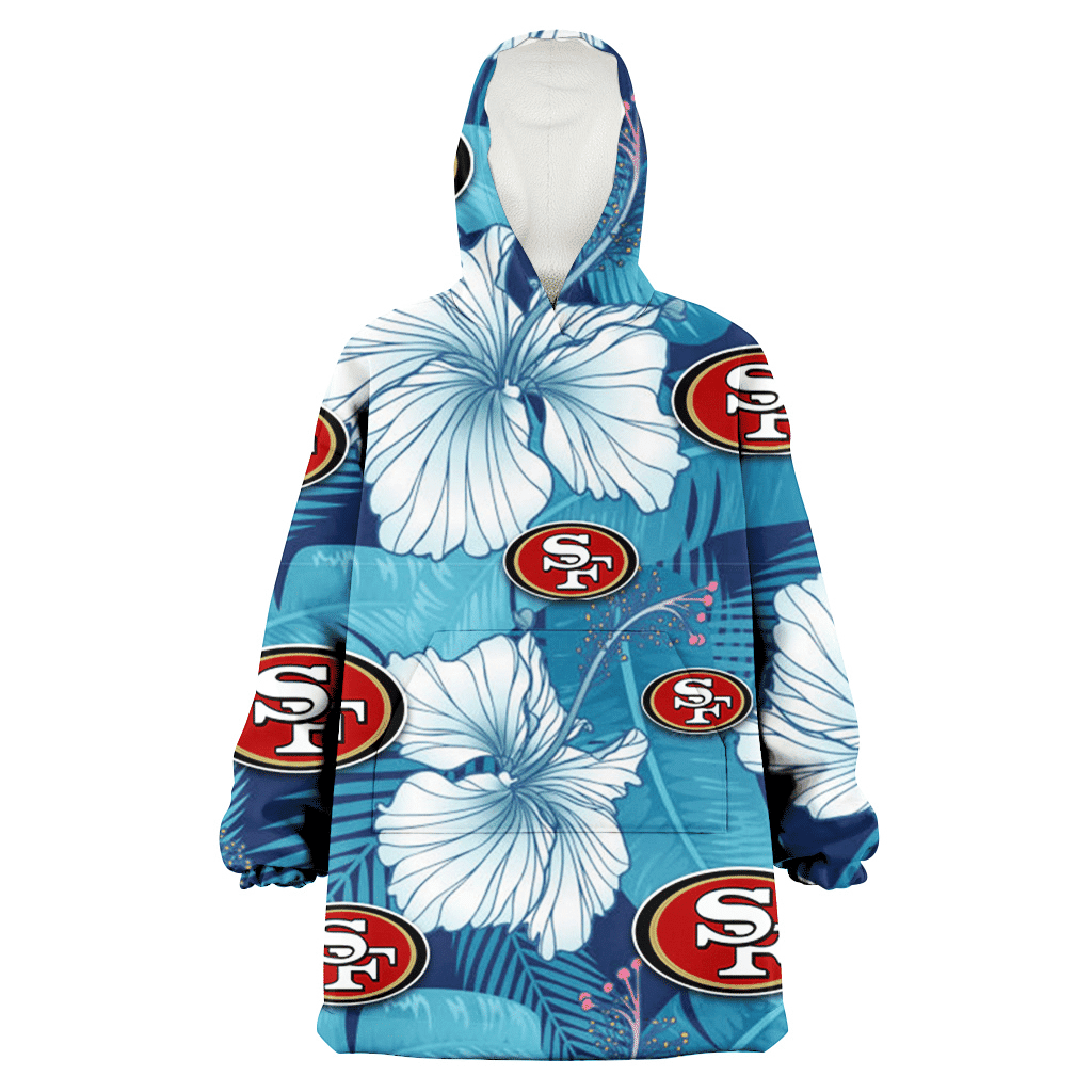 San Francisco 49ers White Hibiscus Turquoise Banana Leaf Navy Background 3D Printed Hoodie Blanket Snug Hoodie