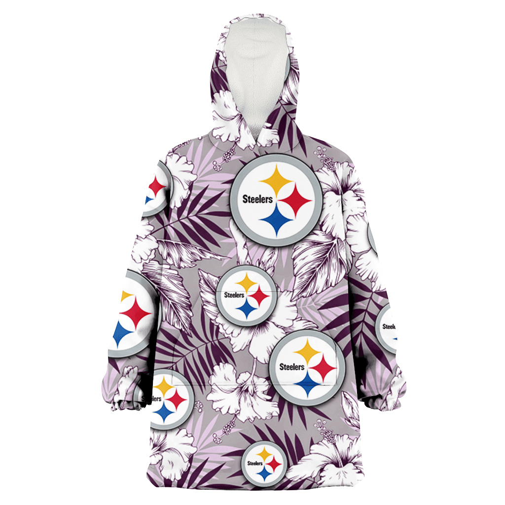 Pittsburgh Steelers White Hibiscus Violet Leaves Light Grey Background 3D Printed Hoodie Blanket Snug Hoodie