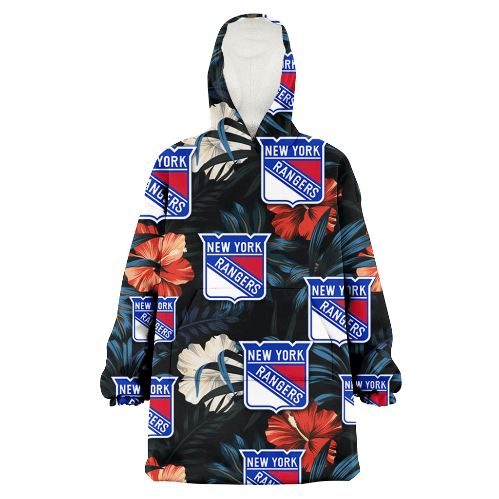 New York Rangers Red And White Hibiscus Dark Leaf Black Background 3D Printed Hoodie Blanket Snug Hoodie