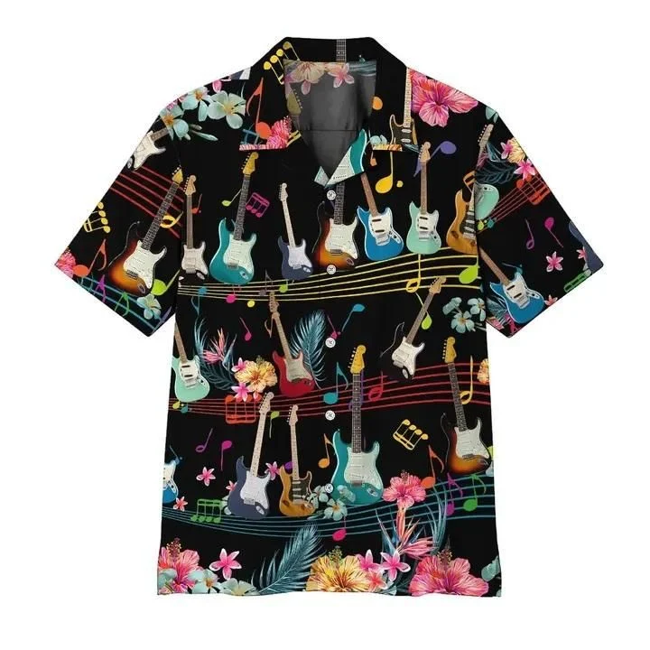 Electric Guitar On Music Stave And Notes Black Hawaiian Shirt, Summer Short Sleeve Hawaiian Aloha Shirt