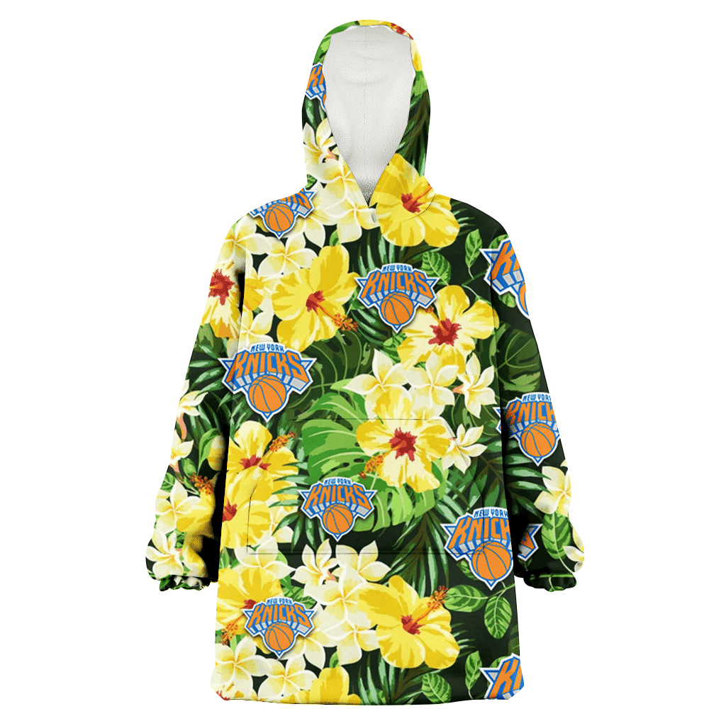 New York Knicks Yellow Hibiscus Tropical Green Leaf Black Background 3D Printed Hoodie Blanket Snug Hoodie