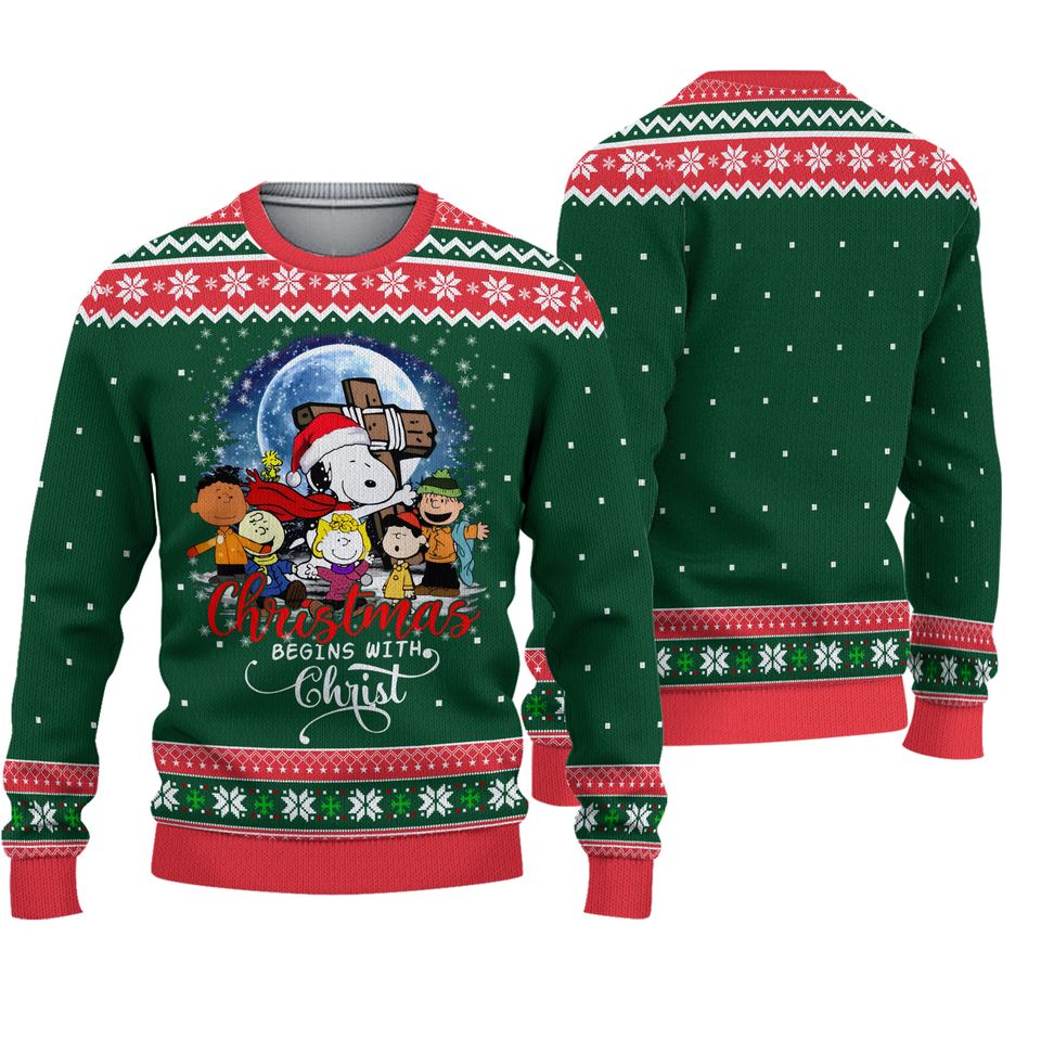 Christmas Begins With Christ Snoopy Jesus Ugly Christmas Sweater For Men & Women Christmas Gift Sweater Pt985 Fashion24Hs