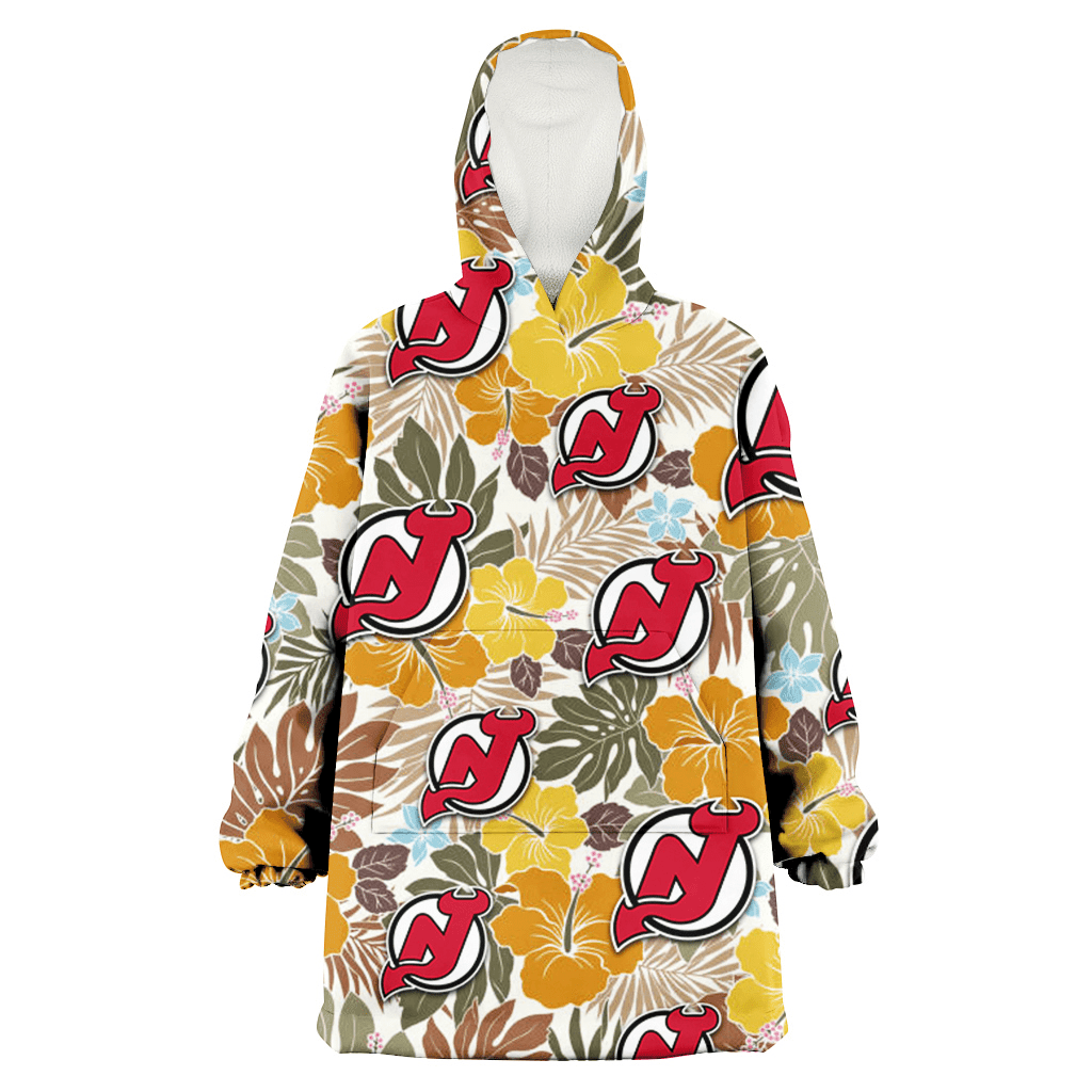 New Jersey Devils Brown Yellow Hibiscus White Background 3D Printed Hoodie Blanket Snug Hoodie