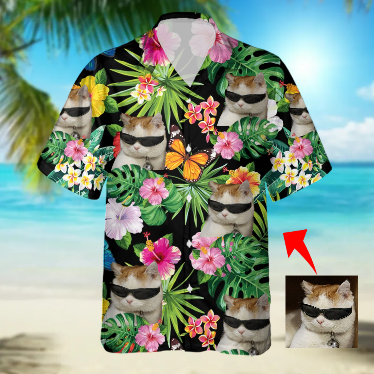 Custom Cat Photo Floral Hawaiian Shirt, Summer Gift, Short Sleeve Aloha Beach Shirt, Cat Hawaiian Shirt For Men, Women