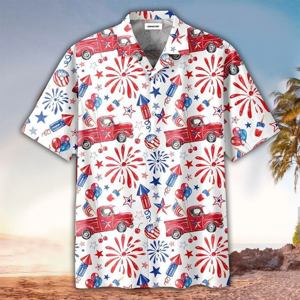 Truck And Firework Pattern Hawaiian Shirt For Men Women – 4Th Of July Button Down Aloha Shirt