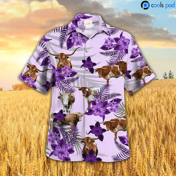 Texas Longhorn Hibiscus Hawaiian Shirt, Purple Cow Hawaiian Shirt, Farm Hawaii Shirts