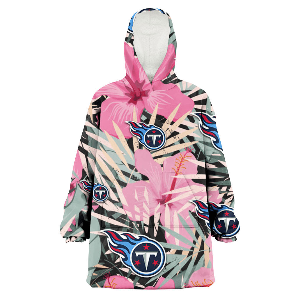 Tennessee Titans Light Pink Hibiscus Pale Green Leaf Black Background 3D Printed Hoodie Blanket Snug Hoodie