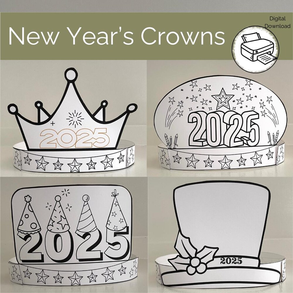 2025 New Year'S Eve Paper Hats, Happy New Year Party Hat Crown, Holiday Decoration Coloring Activity, Countdown Celebration Craft Printable Onlytee Shop Realtorgift