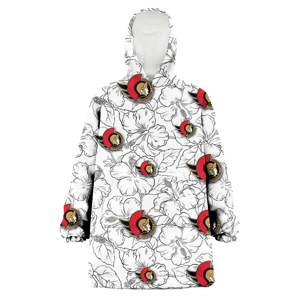 Ottawa Senators White Sketch Hibiscus Pattern White Background 3D Printed Hoodie Blanket Snug Hoodie