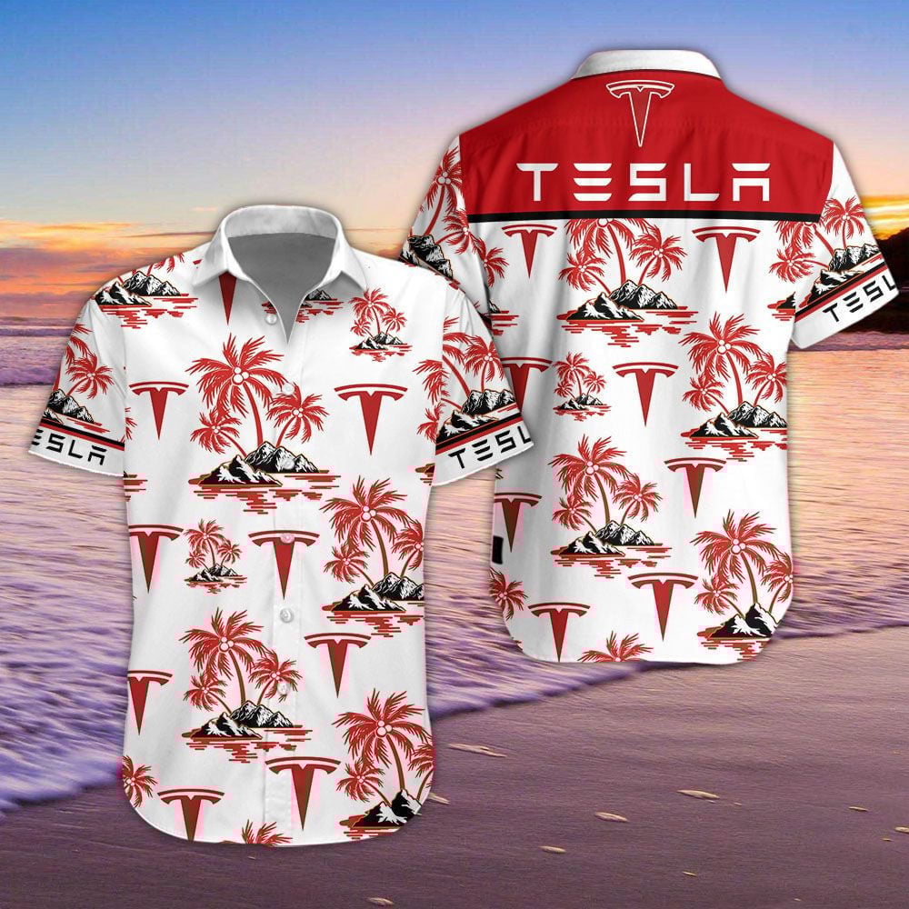 Tesla Car Island Palm Trees And Logo 3D Hawaiian Shirt