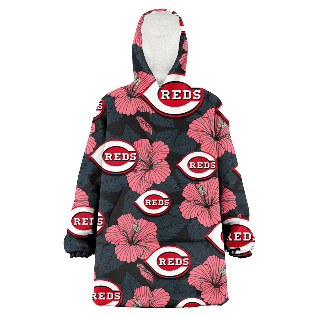 Cincinnati Reds Light Coral Hibiscus Gray Leaf Black Background 3D Printed Hoodie Blanket Snug Hoodie