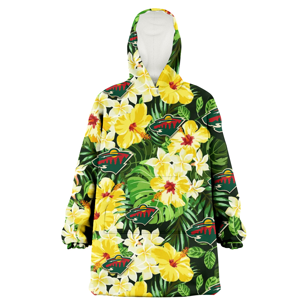 Minnesota Wild Yellow Hibiscus Tropical Green Leaf Black Background 3D Printed Hoodie Blanket Snug Hoodie