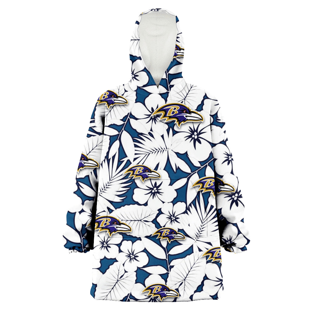 Baltimore Ravens White Hibiscus And Leaves Blue Background 3D Printed Hoodie Blanket Snug Hoodie