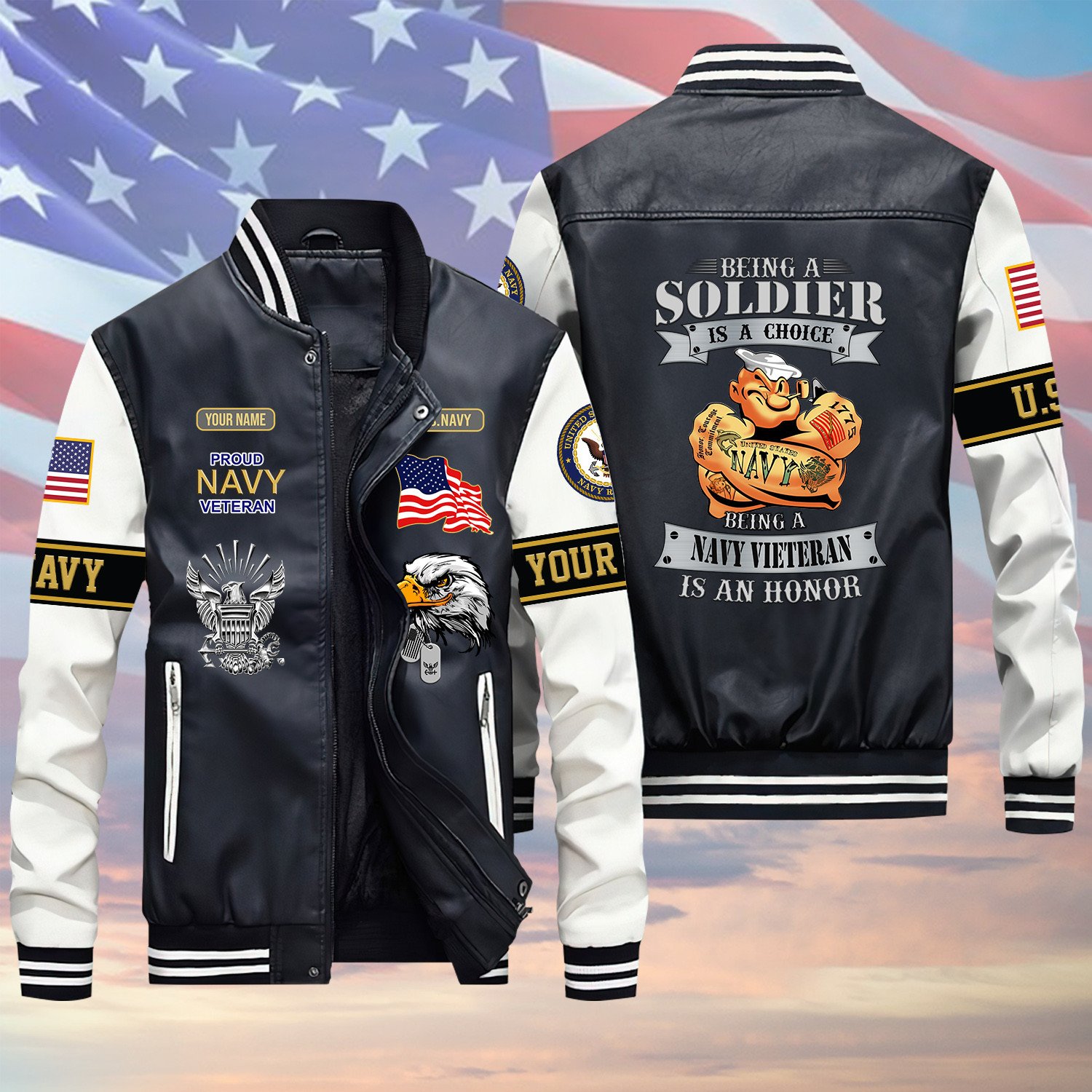 Being Soldier Is A Choice US Navy Veteran Green Winter Gear Leather Bomber Leterman Varsity Jacket