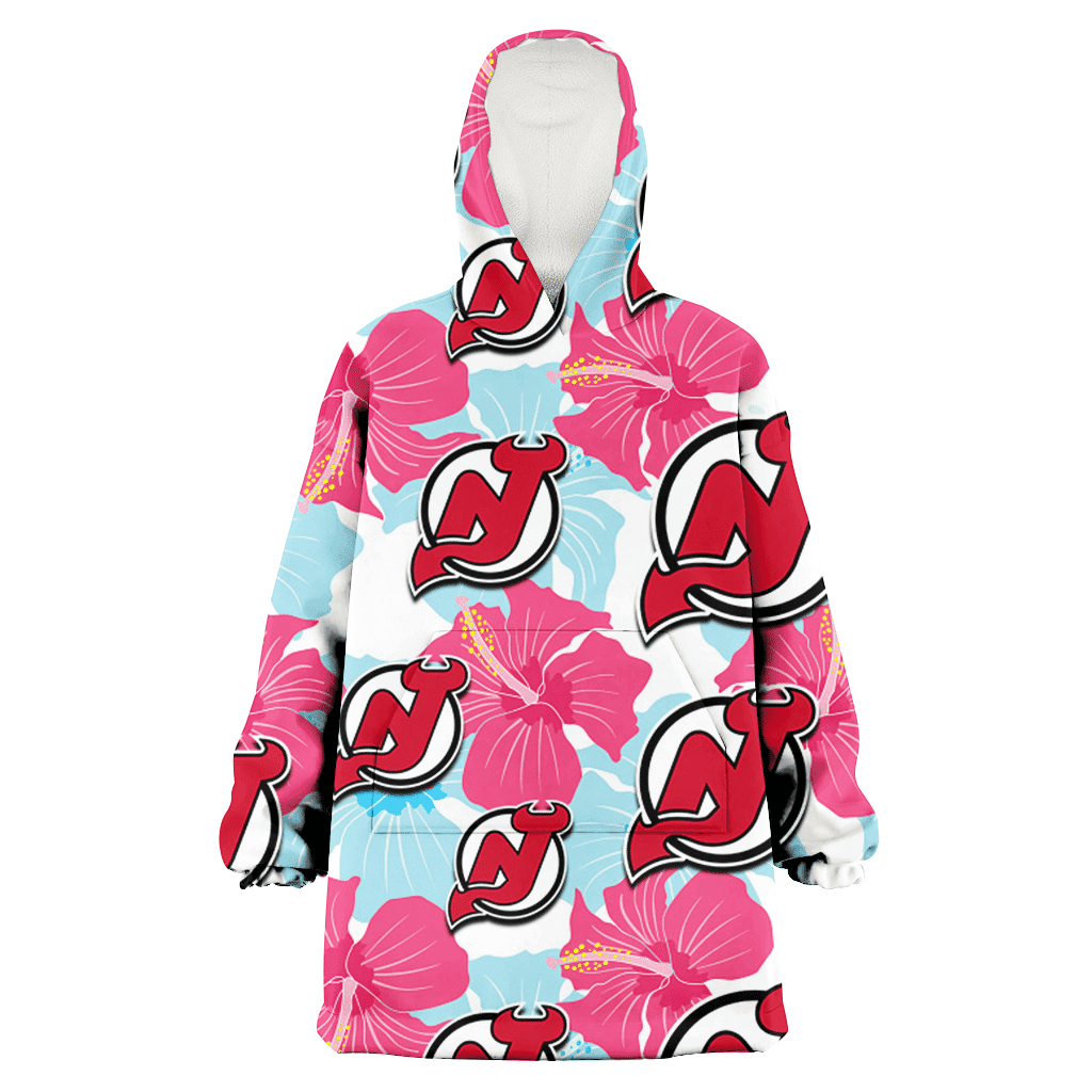 New Jersey Devils Pink Blue Hibiscus White Background 3D Printed Hoodie Blanket Snug Hoodie