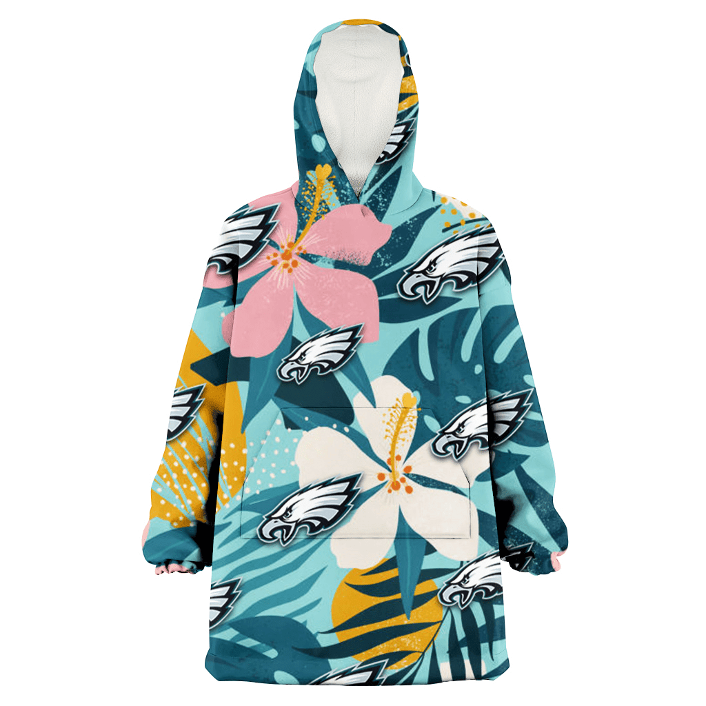 Philadelphia Eagles Pastel Color Hibiscus Tropical Leaves Light Green Background 3D Printed Hoodie Blanket Snug Hoodie