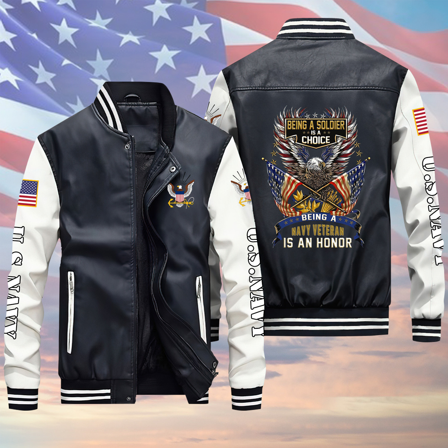 Being An Navy Veteran Is An Honor Black Winter Gear Leather Bomber Leterman Varsity Jacket