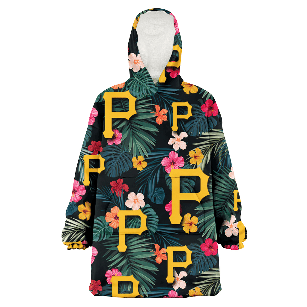 Pittsburgh Pirates Pink Yellow Orange Hibiscus Big Tropical Leaf Black Background 3D Printed Hoodie Blanket Snug Hoodie