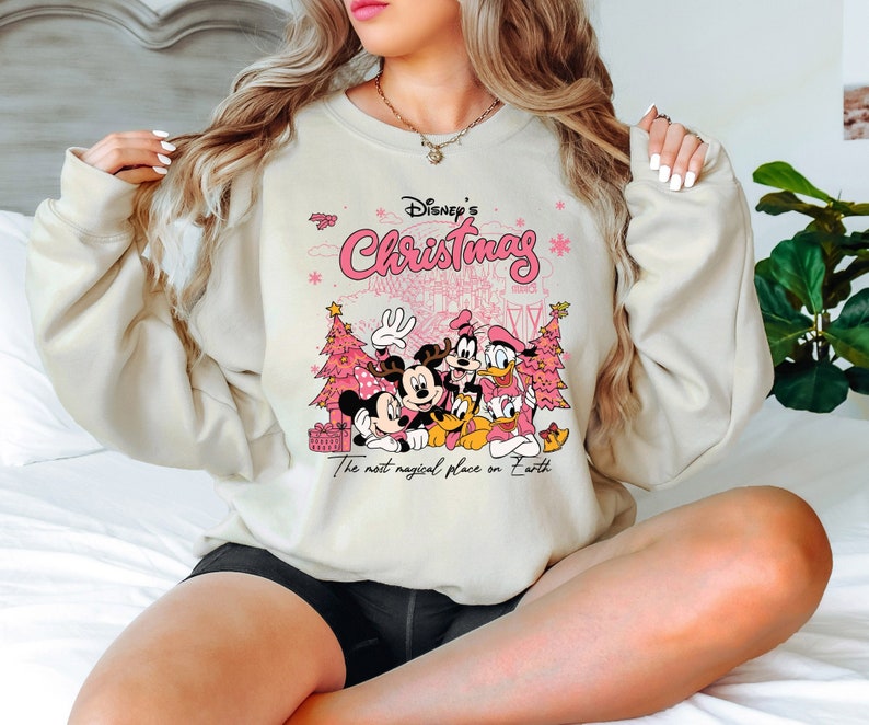 Vintage Mickey And Friends Pink Christmas Tree Shirt, Retro Disney Pink Christmas Shirt, Cute Christmas Shirt, Merry Christmas Shirt