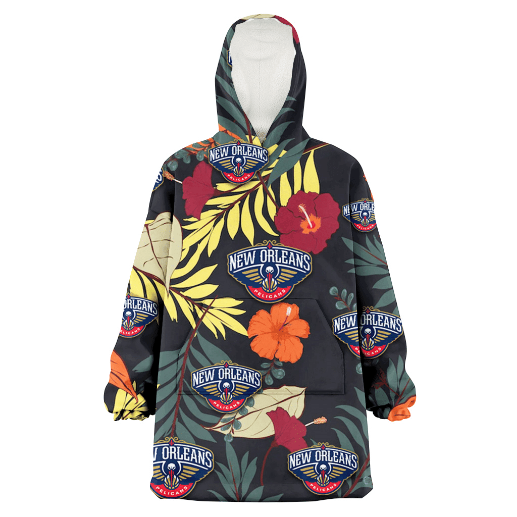 New Orlean Pelicans Red And Orange Hibiscus Black Background 3D Printed Hoodie Blanket Snug Hoodie