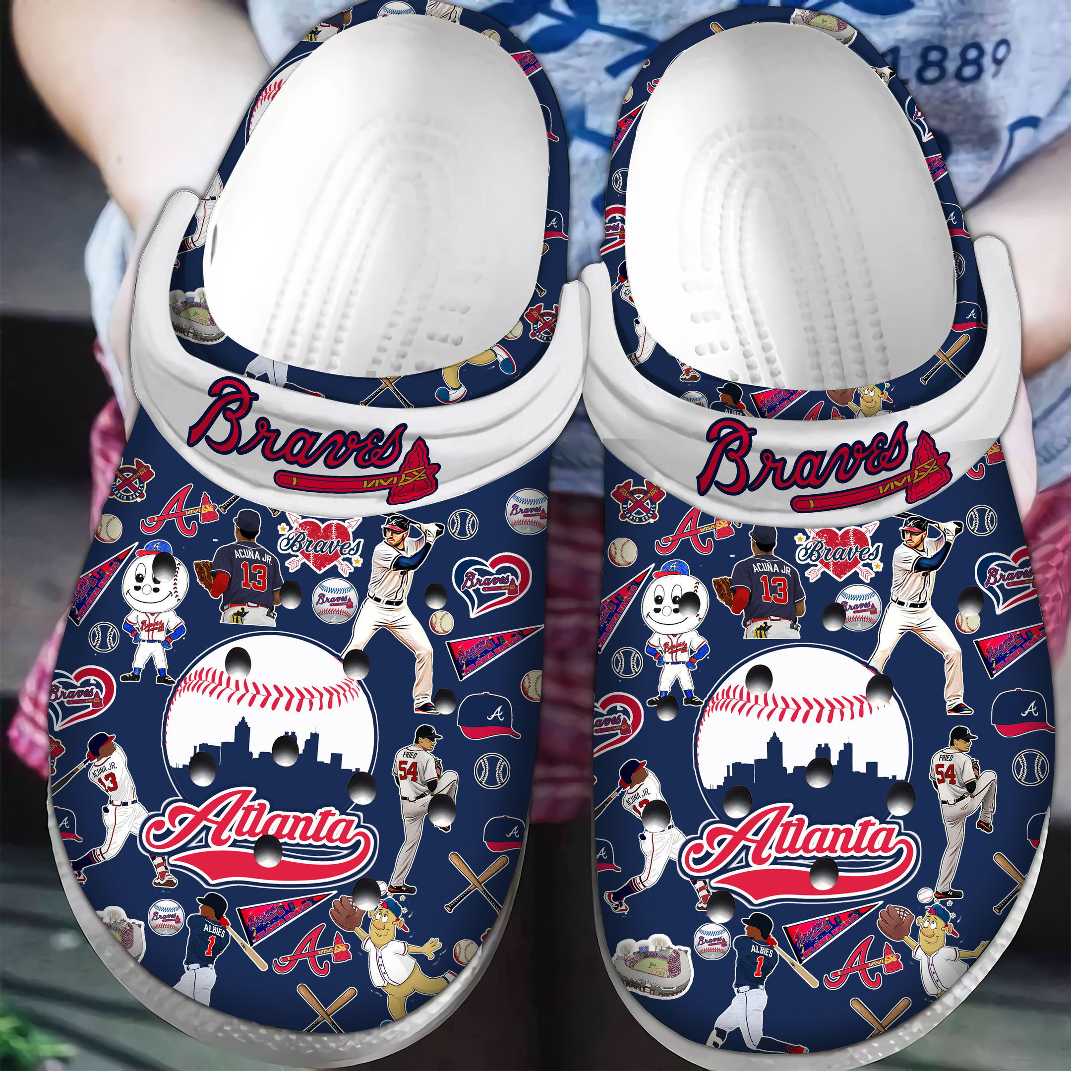 Atlanta Braves Logo Baseball MLB Cheer Mascot Team Members White Sander Blue Crocss Classic Clogs Shoes Ver588