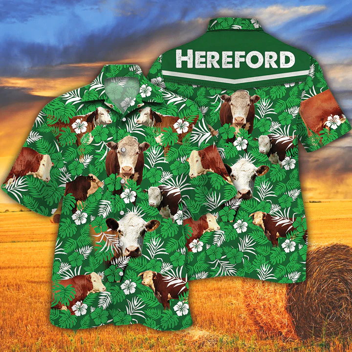 Cow Hawaiian Shirts For Men Women – Hereford Cattle Lovers Green Floral Pattern Hawaiian Shirt