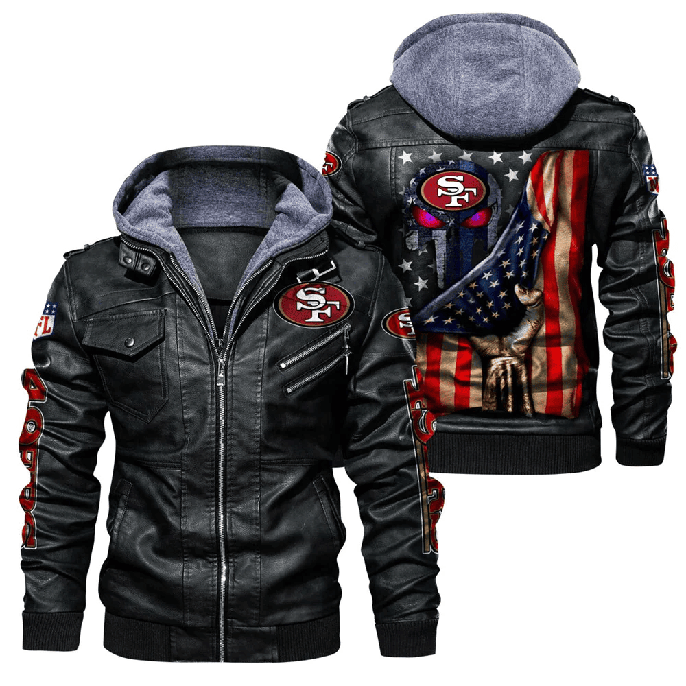 San Francisco 49ers American Flag 3D Zip Leather Jacket With Hood