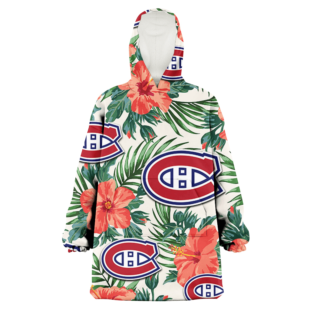 Montreal Canadiens Coral Hibiscus Green Leaf Beige Background 3D Printed Hoodie Blanket Snug Hoodie