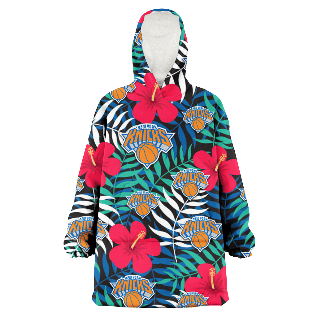 New York Knicks Red Hibiscus Green Blue White Leaf Black Background 3D Printed Hoodie Blanket Snug Hoodie